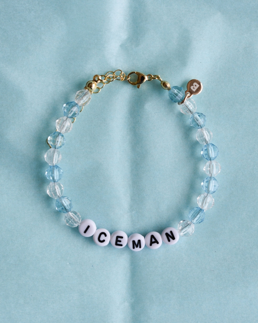 Drake Custom Beaded Bracelet with 'ICEMAN' a light blue background
