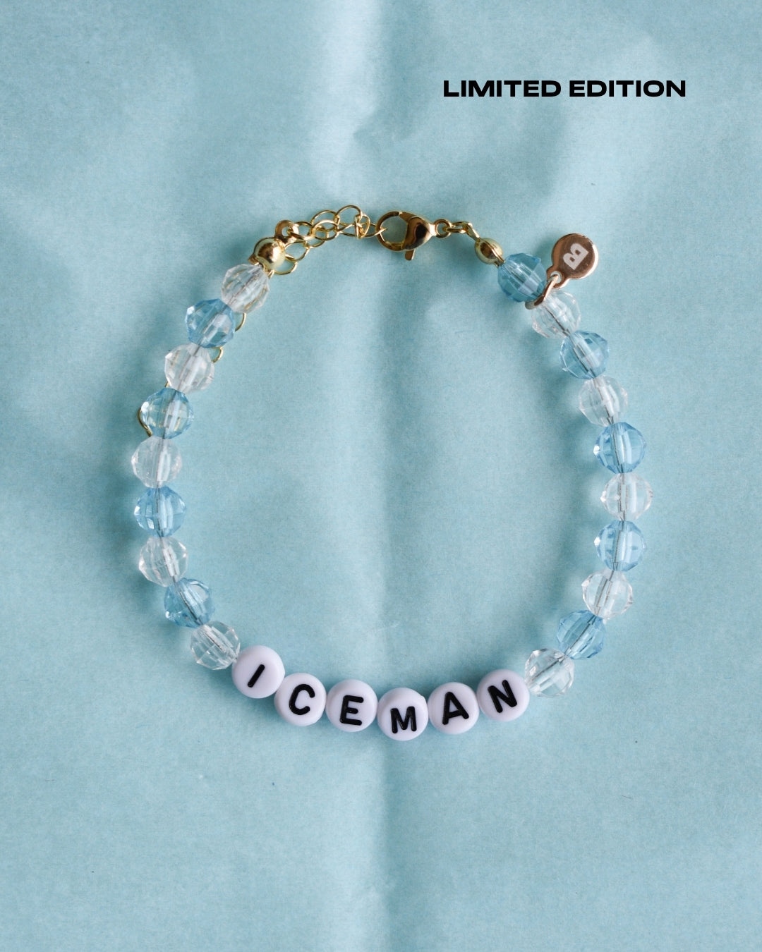 Drake Custom Beaded Bracelet with 'ICEMAN' a light blue background